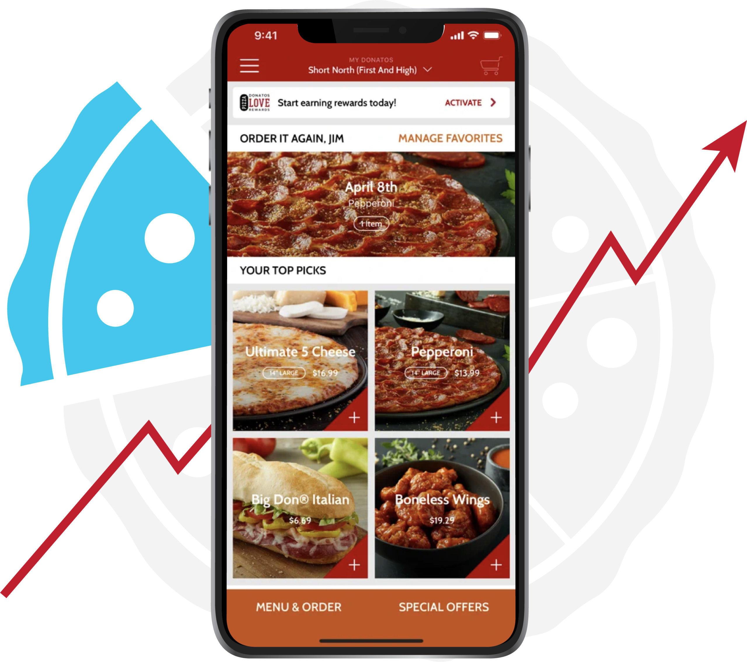 Donatos Pizza app with pizza options to order